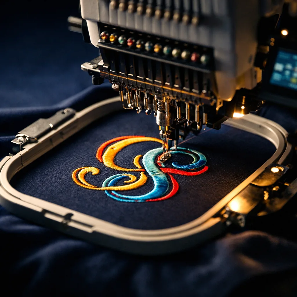 An embroidery machine stitching a monogram inside a hoop