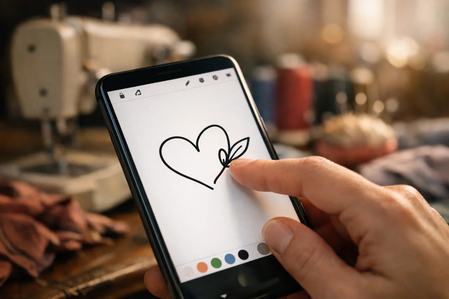 A finger drawing a heart and leaf on a phone screen