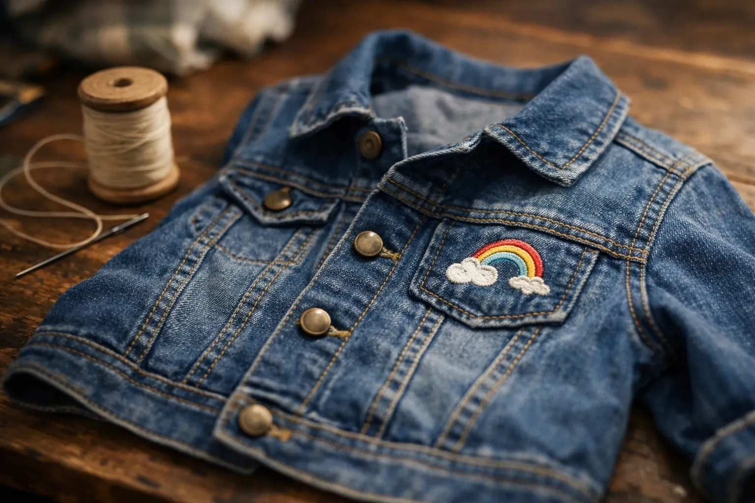 A child's denim jacket with a small embroidered rainbow on the pocket