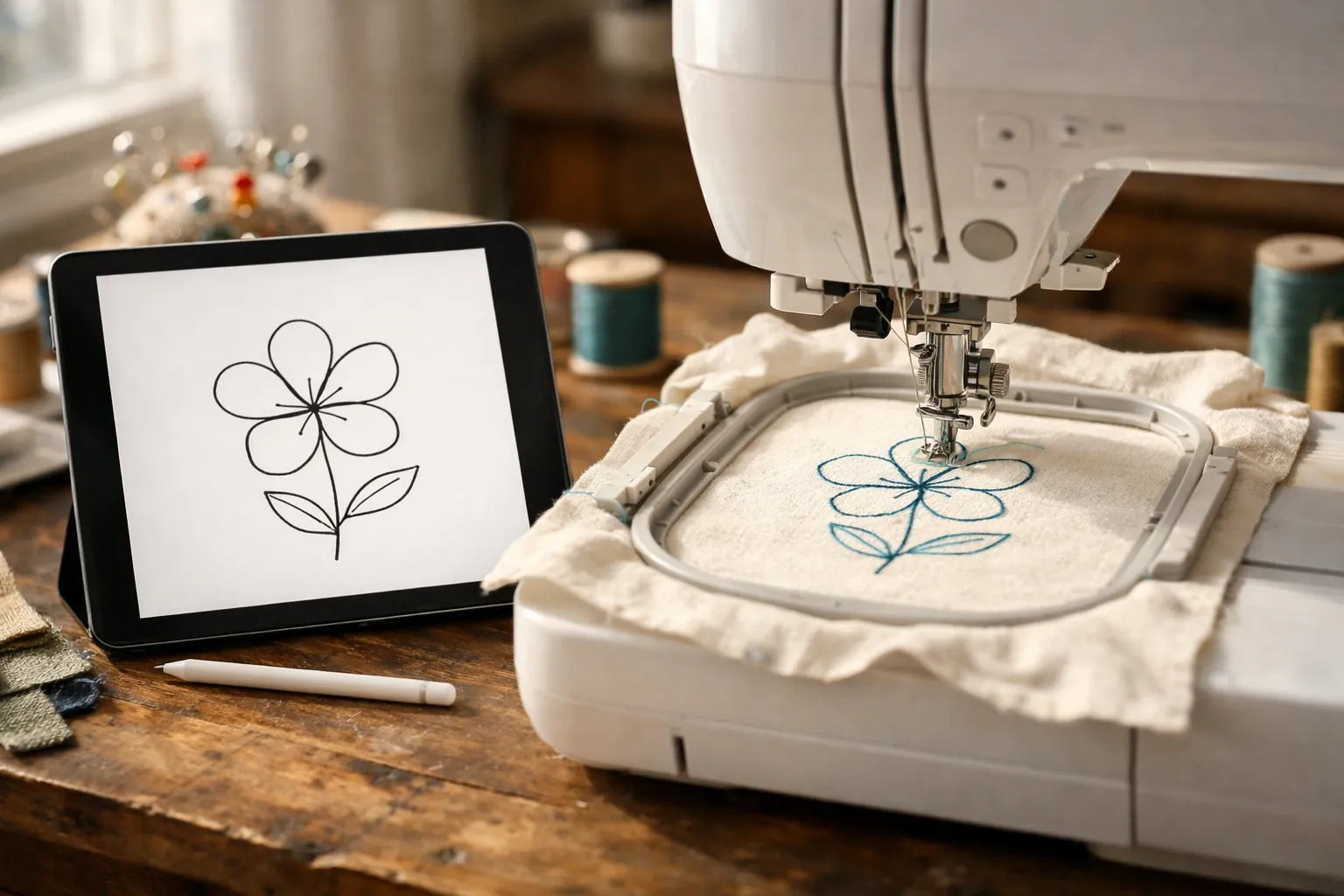 A tablet showing a simple flower drawing beside an embroidery machine stitching the same flower