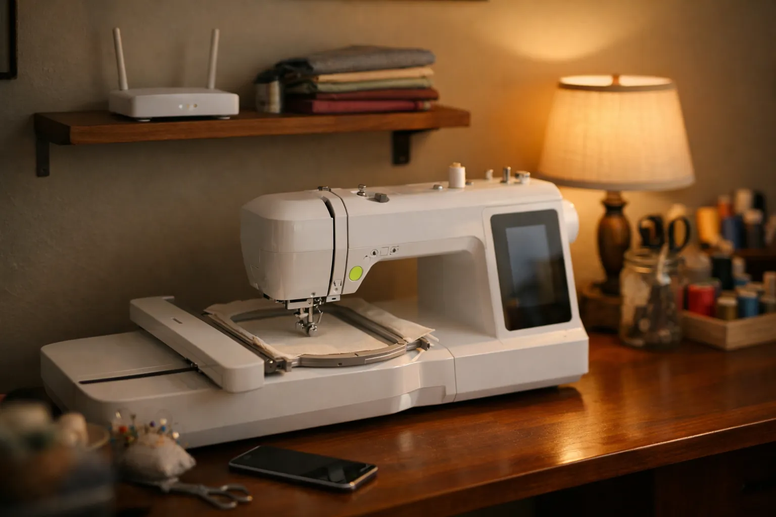 An embroidery machine on a desk with a wireless router on a shelf above