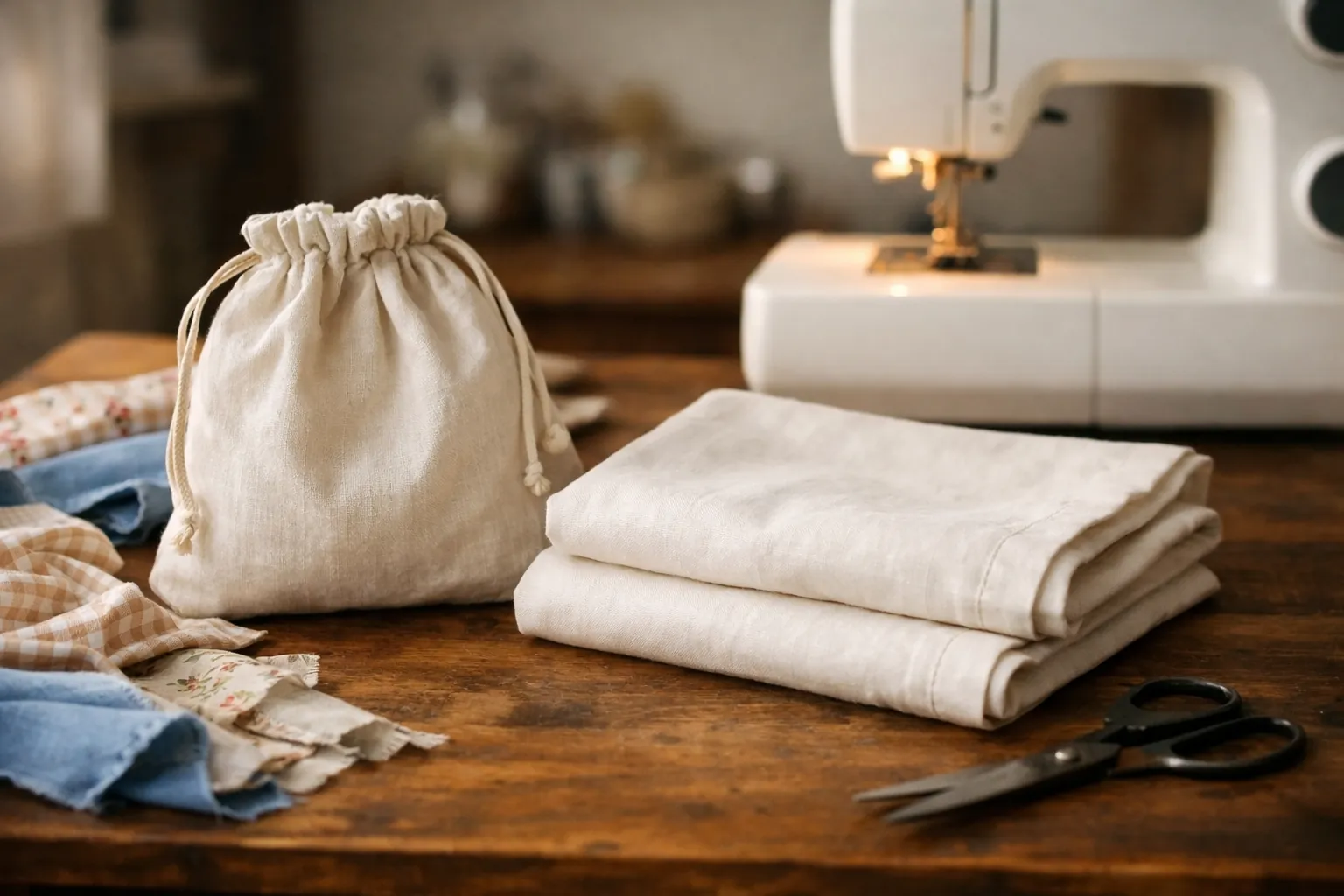 Simple sewn projects like a drawstring bag and pillowcases