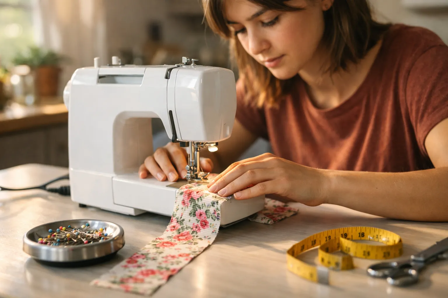 A person sewing a straight seam on cotton fabric with a white home sewing machine on a bright kitchen table