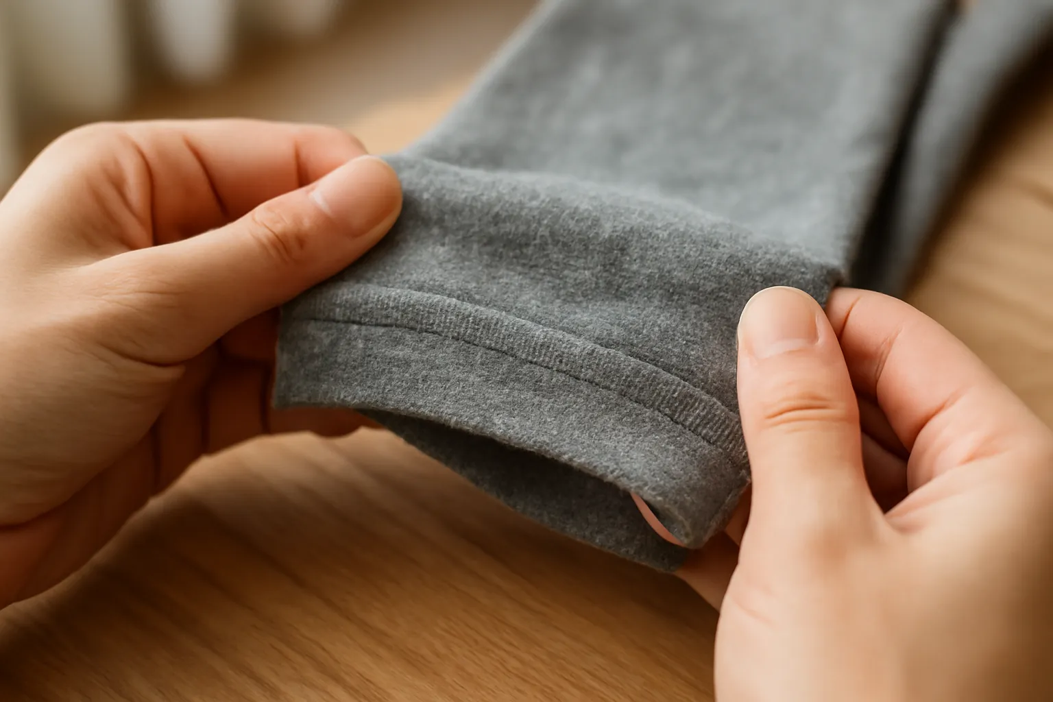 Hands holding open the stitched hem of a gray knit cuff
