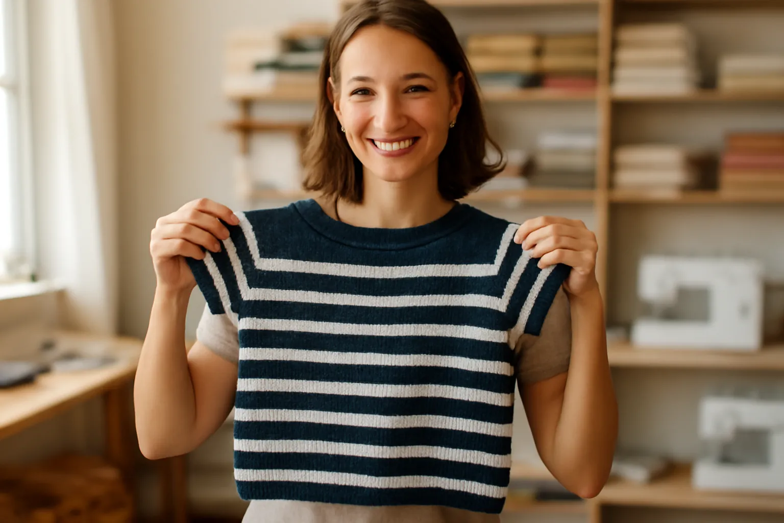 A smiling young woman holding up a handmade navy and white striped knit top in a bright sewing room