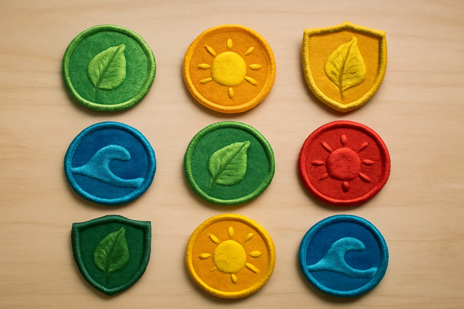 Nine finished embroidered patches with sun, leaf and wave designs and stitched borders laid out in rows on a wooden table