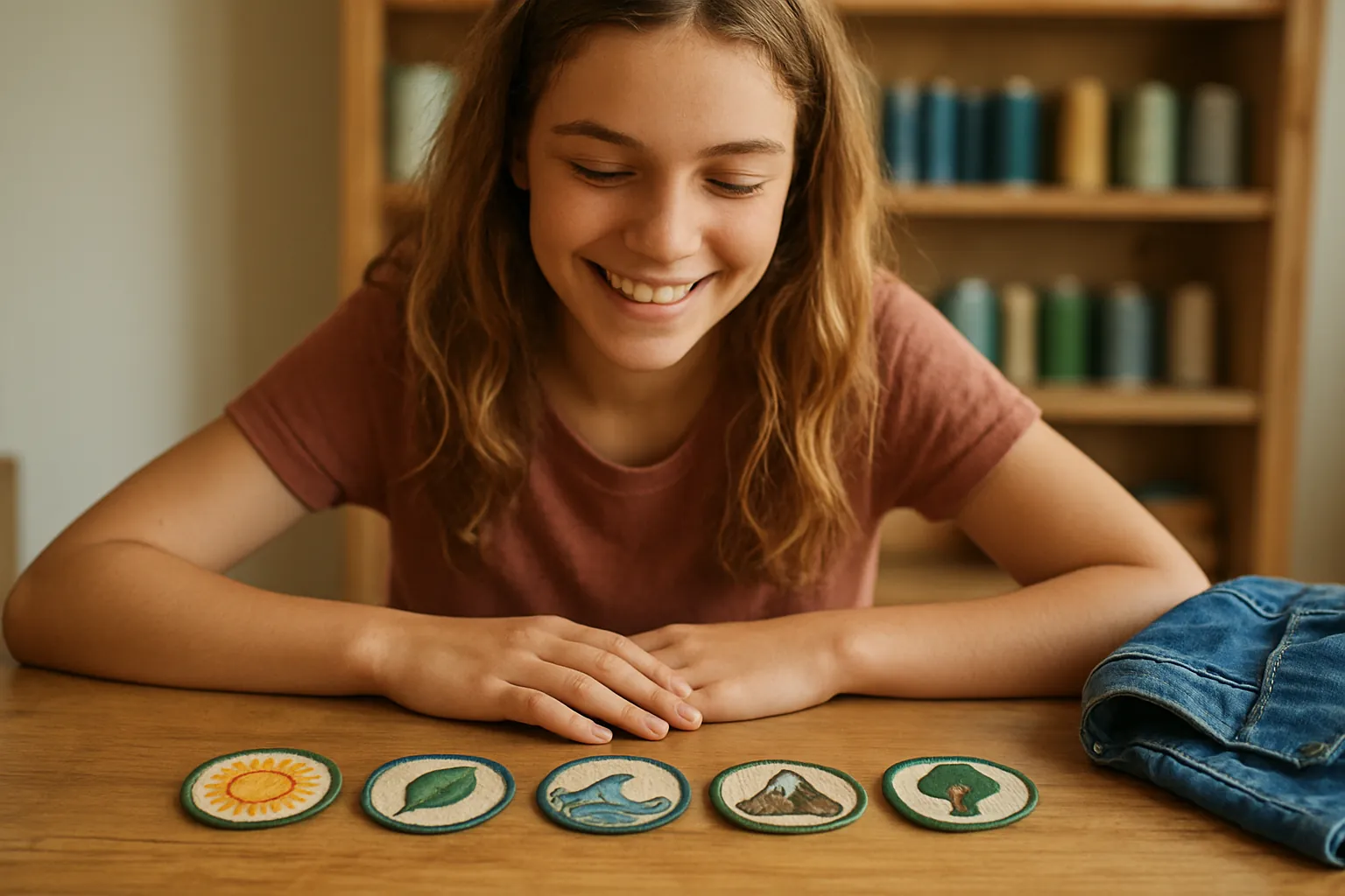 A smiling teenager looking down at a row of finished round embroidered patches on a craft table, a folded denim jacket beside them