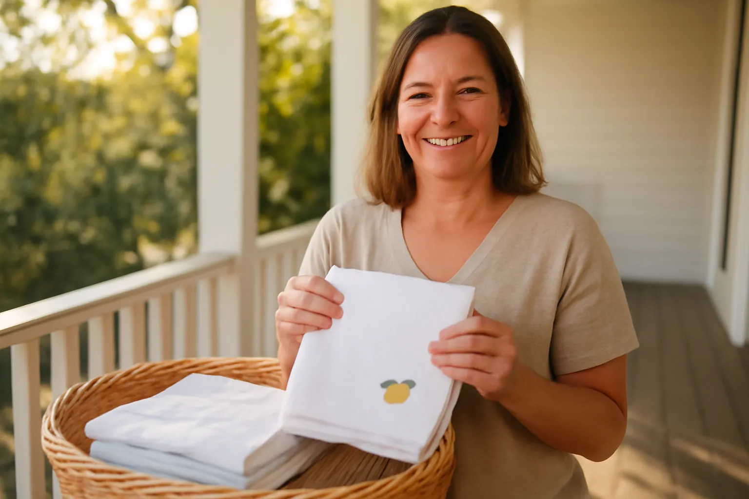 A smiling woman on a sunny porch holding a folded white kitchen towel with a small embroidered lemon, a basket of towels in front of her