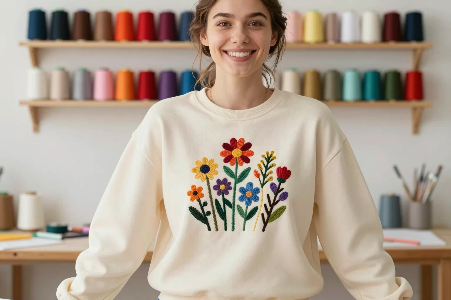 A smiling young woman wearing a cream sweatshirt embroidered with colorful wildflowers, shelves of thread cones in many colors behind her
