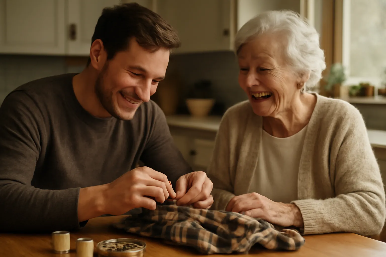 A young man hand-sews a flannel shirt at a kitchen table while his grandmother laughs beside him