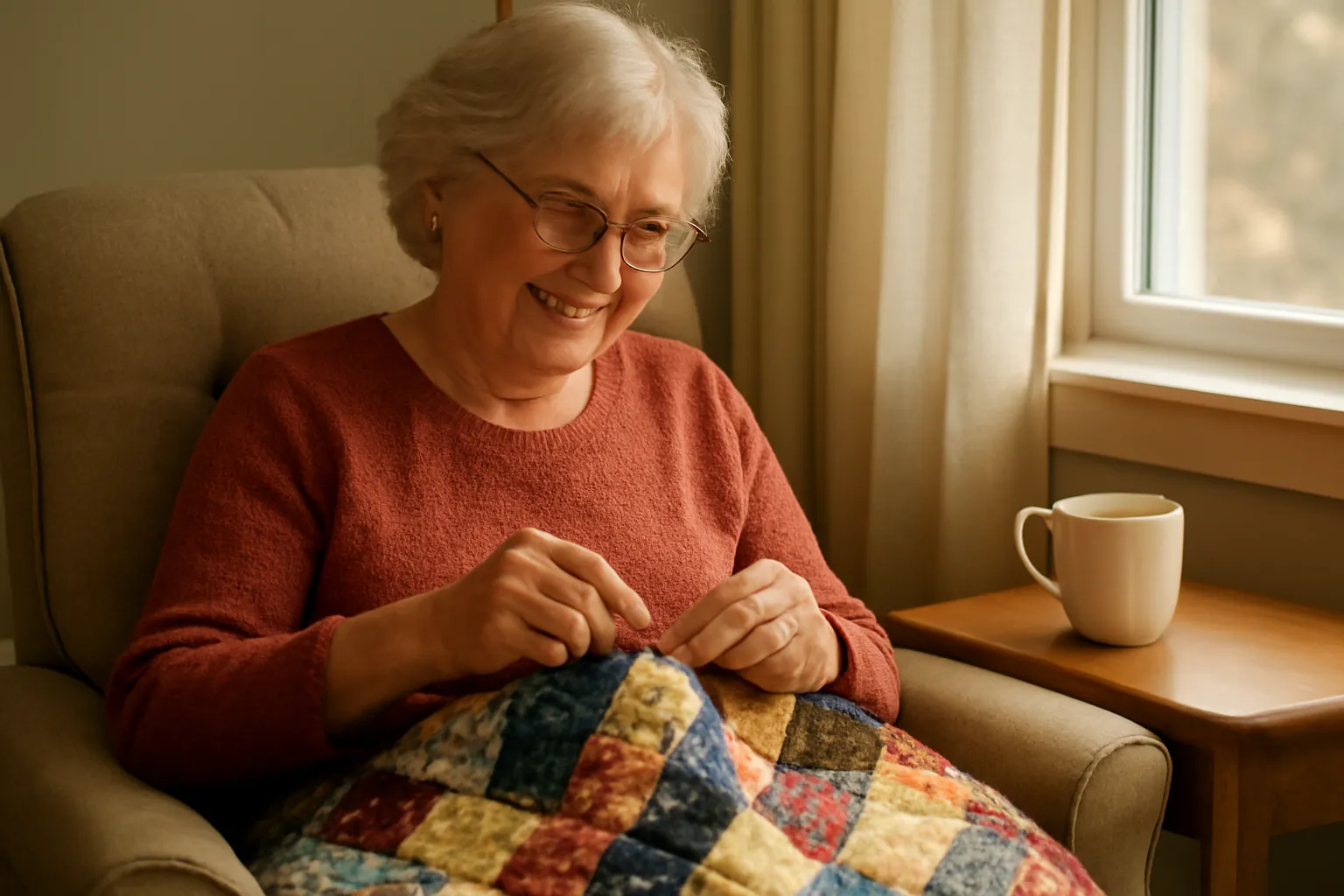An older woman in an armchair smiles as she hand-stitches a colorful patchwork quilt on her lap