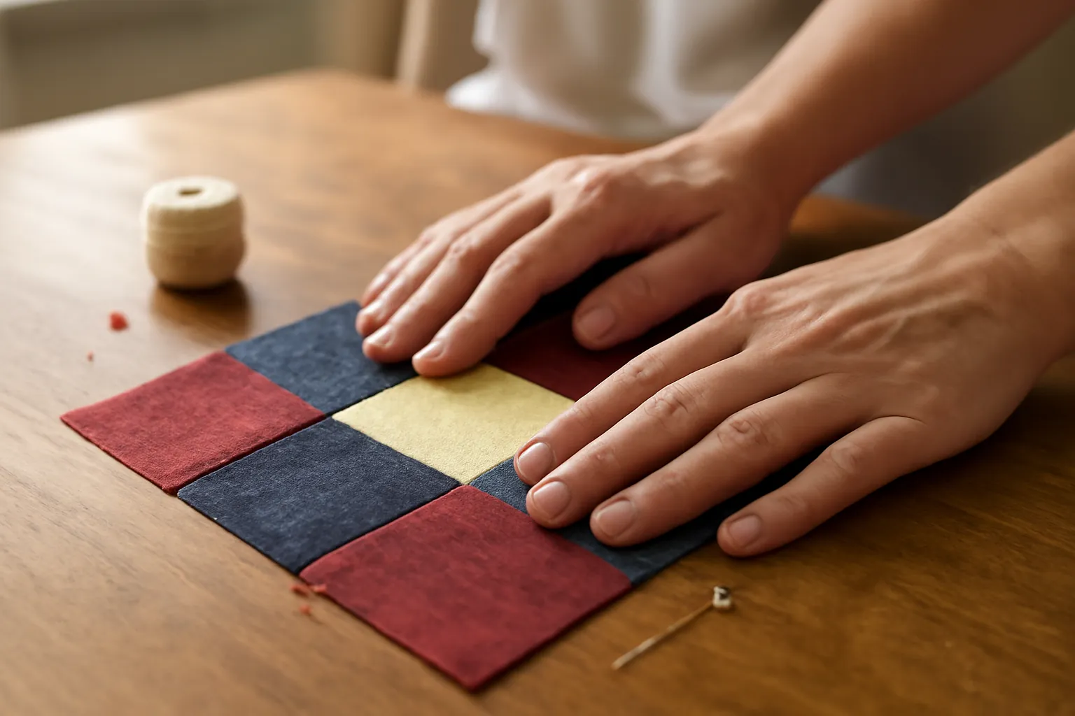 Hands smoothing a finished quilt block with neat straight seams