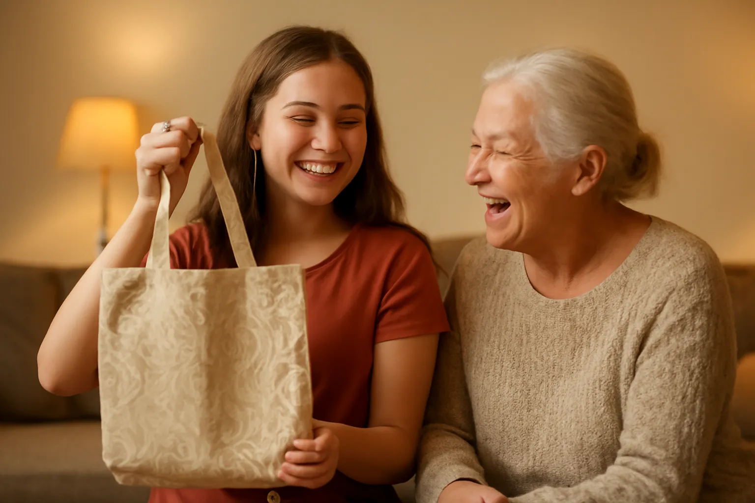 A young woman and her grandmother laughing as she holds up a just-finished fabric tote bag
