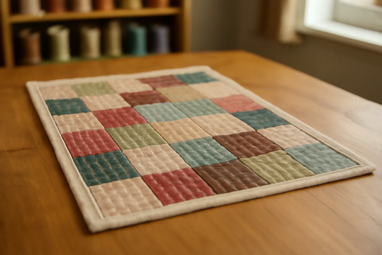 A finished patchwork table runner with straight quilting lines lying on a wooden sewing table