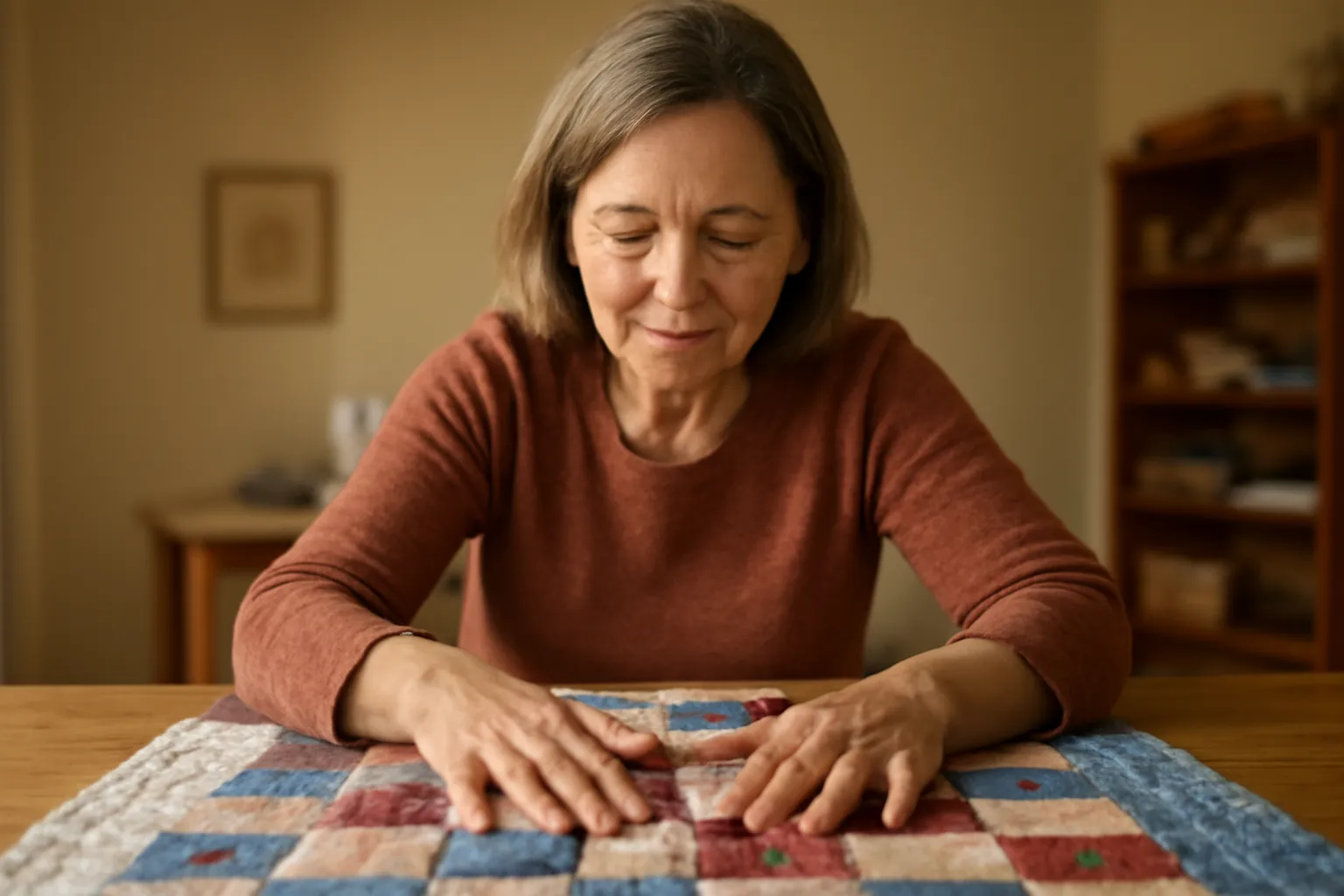 A woman smoothing a finished patchwork quilt flat on a wooden table in a warm living room
