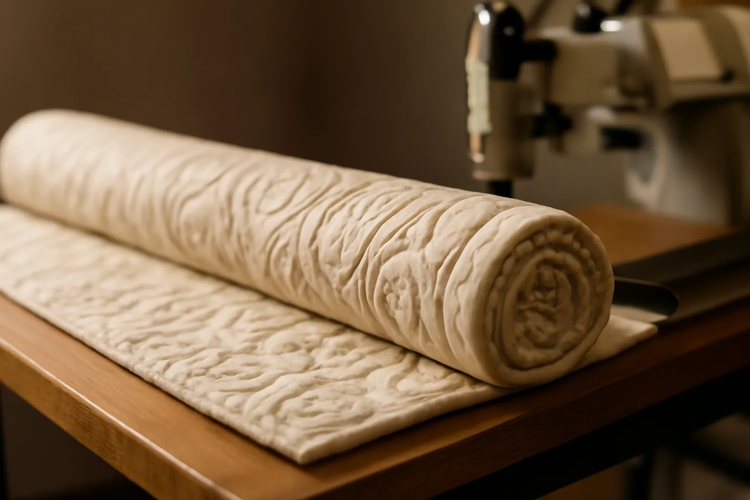 A cream quilt with swirls quilted across it, partly rolled up on a table, a long-arm machine head blurred behind