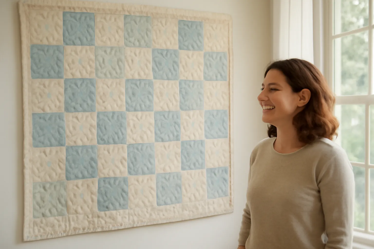 A smiling woman admiring a finished blue and cream checkerboard quilt with all-over quilting hanging on the wall of a bright room