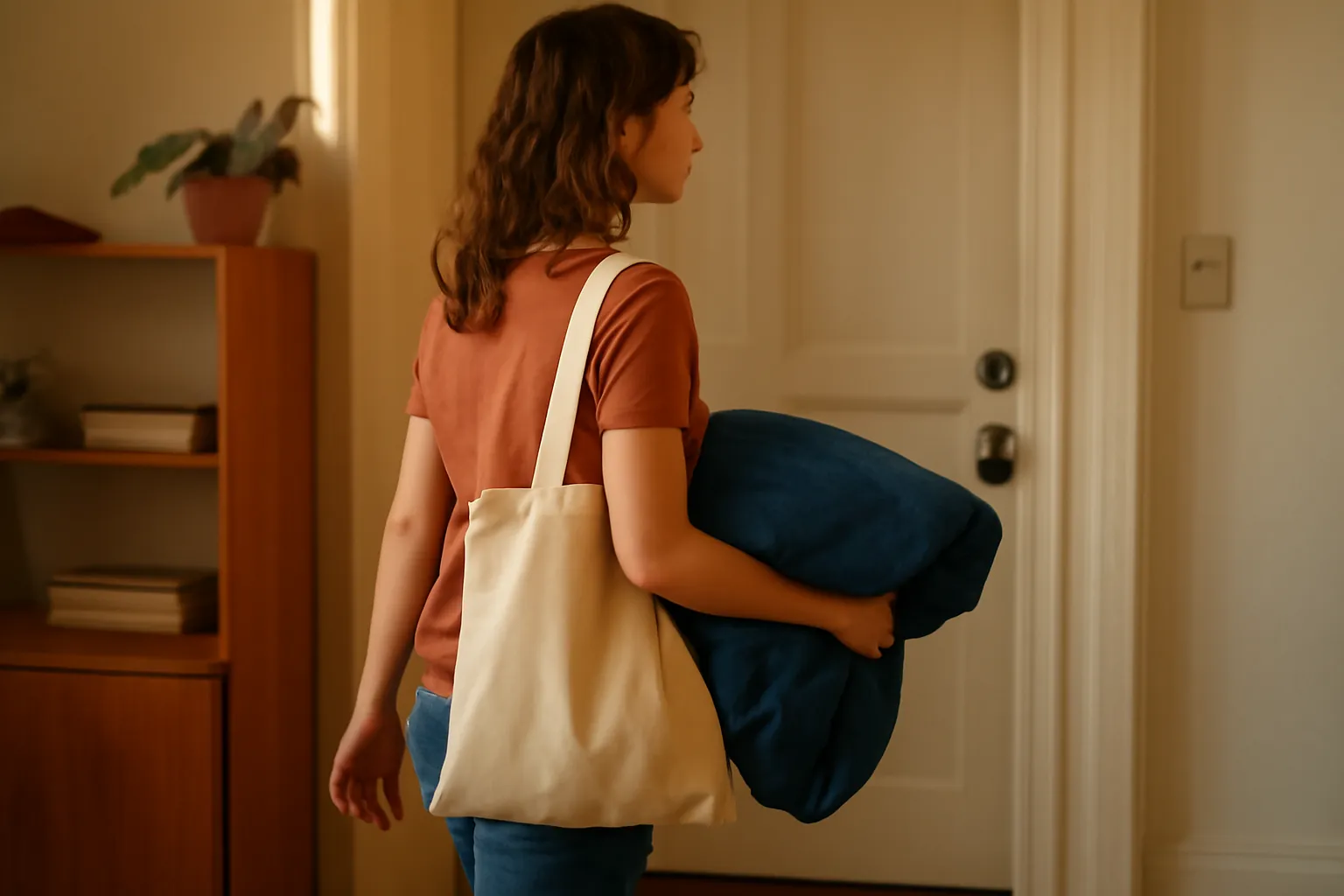 A woman heading out the door with a canvas tote on her shoulder and a rolled blue quilt under her arm