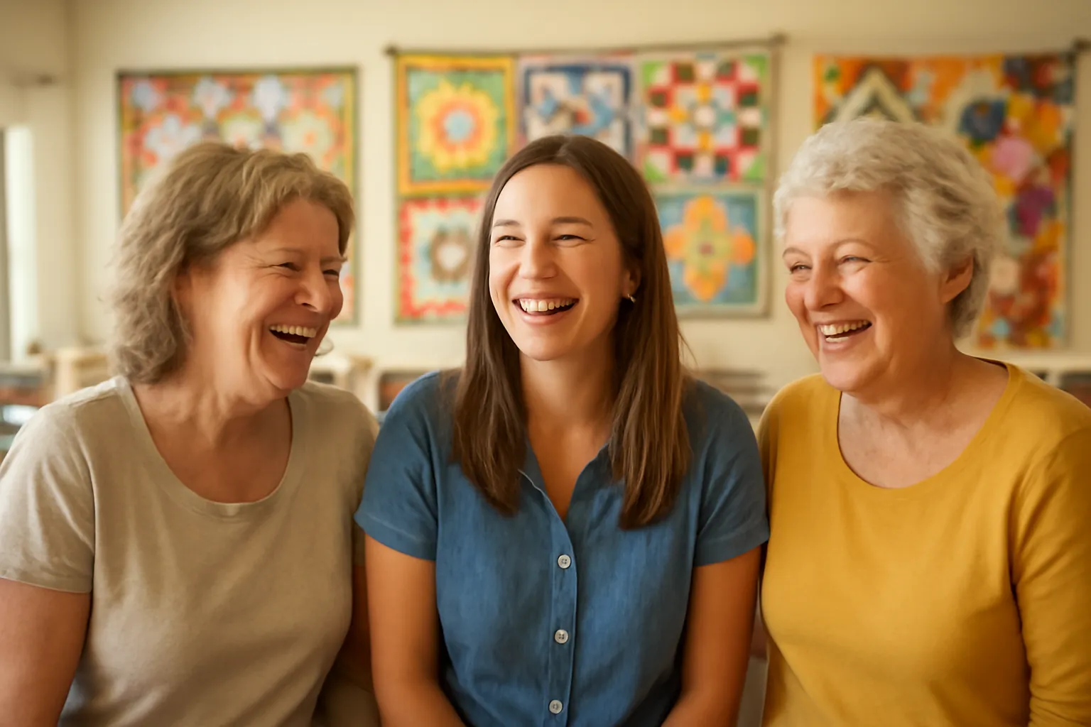 Three women of different ages laughing together at a quilting retreat, finished quilts hanging on the wall behind them