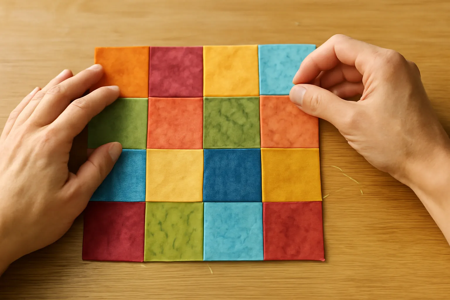 Hands arranging crisp, evenly cut quilt squares in a colorful grid on a wooden table