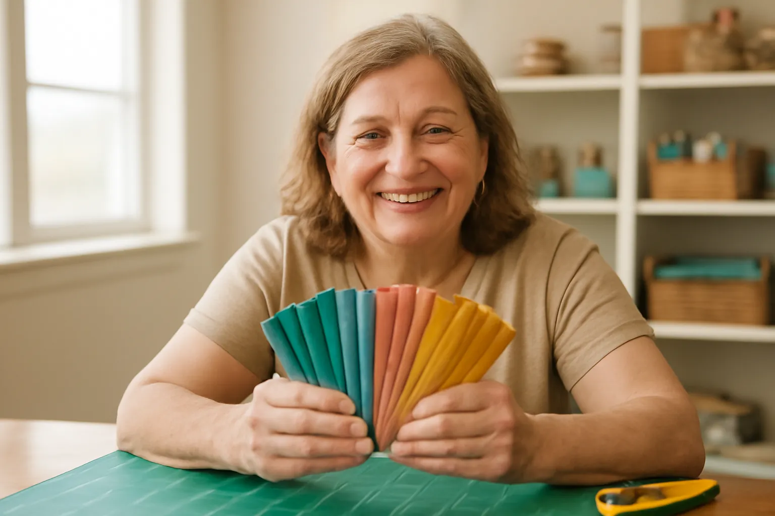 A smiling woman holding a fan of cut teal, coral and mustard fabric strips over a green cutting mat