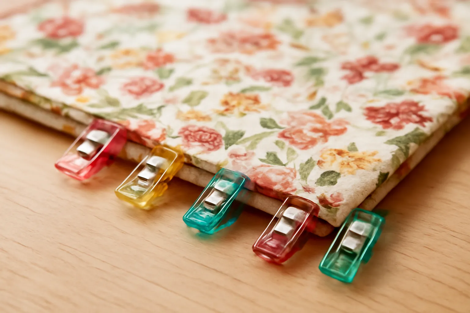Colorful plastic sewing clips holding two layers of floral cotton together along the edge