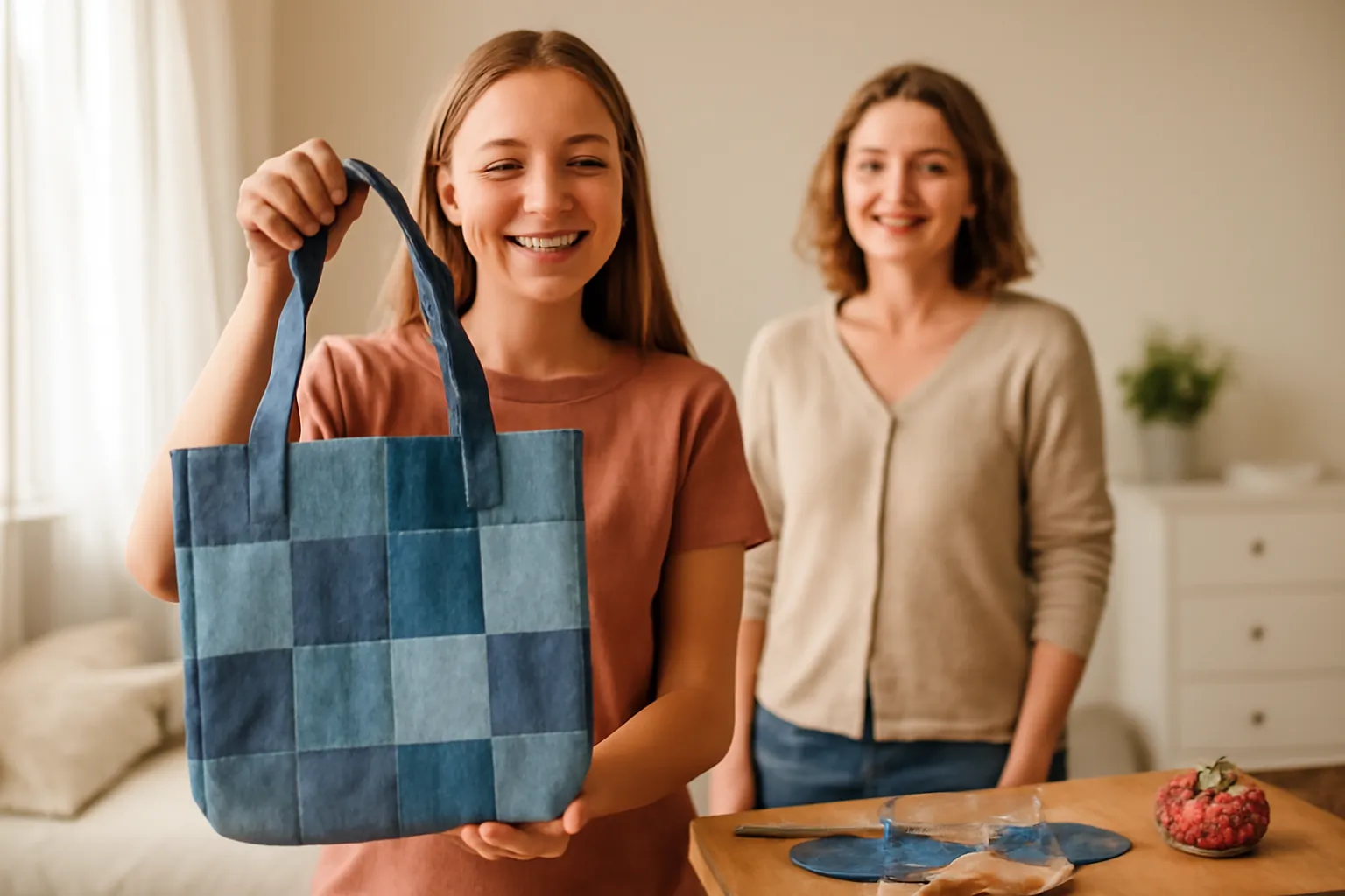 A smiling teenage girl holding up a patchwork denim tote bag while her mother smiles behind her