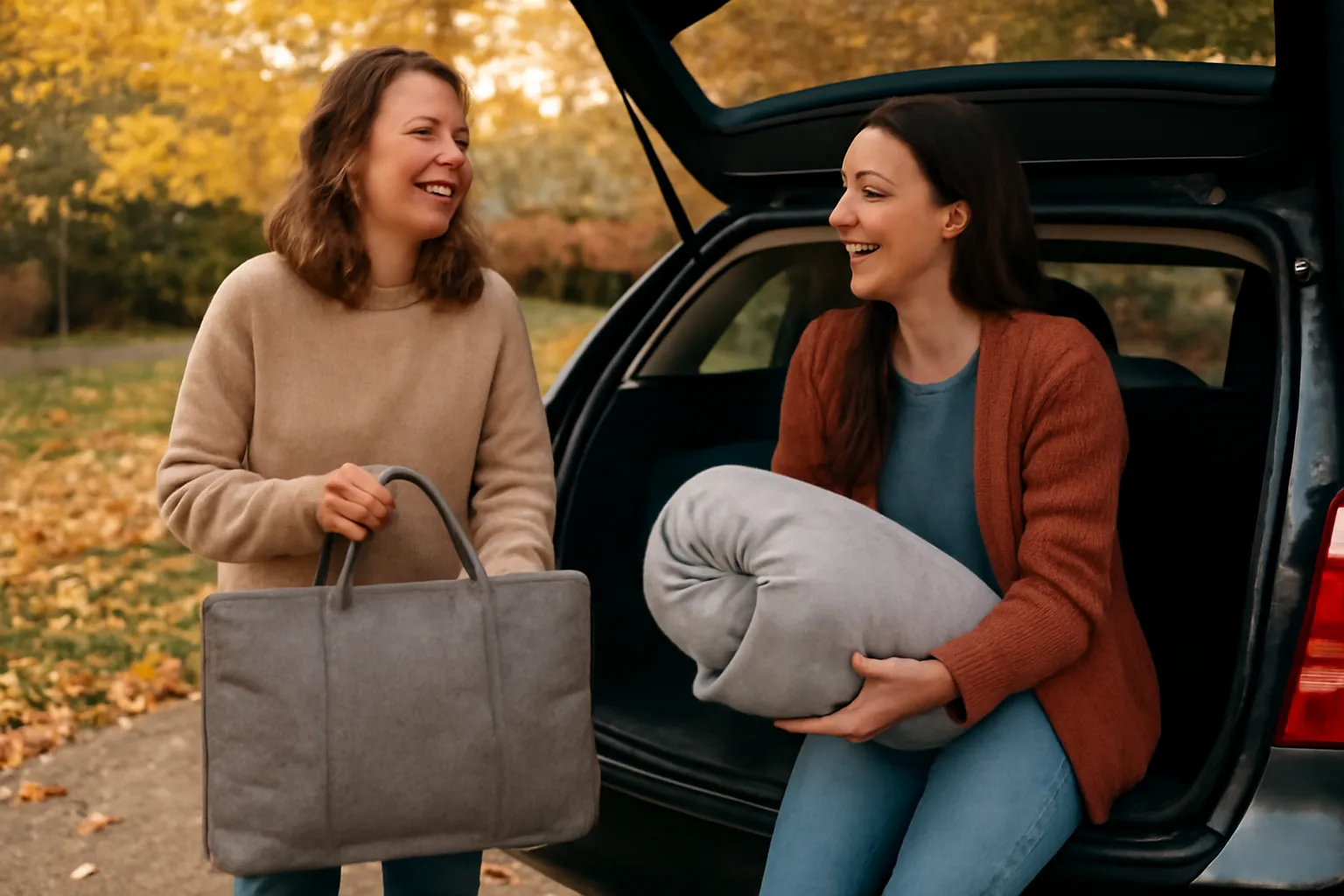 Two friends laughing at the open trunk of a car in autumn, one holding a padded gray bag and the other a rolled gray quilt