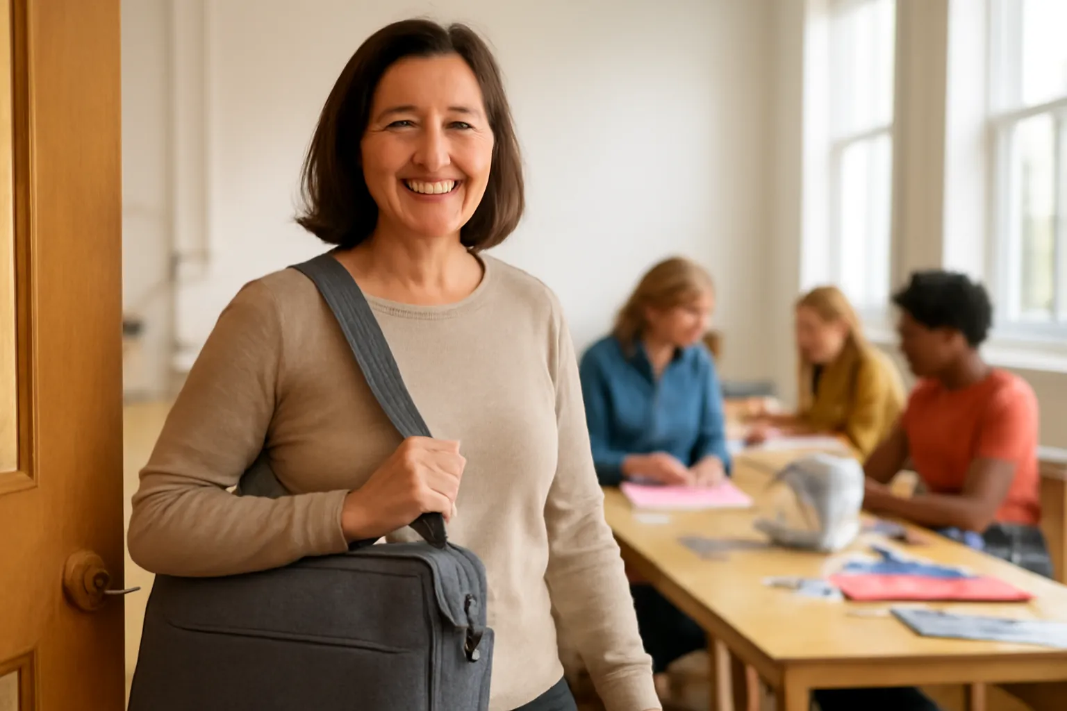 A smiling woman arriving at a community sewing class with a padded gray bag over her shoulder, students working at tables behind her