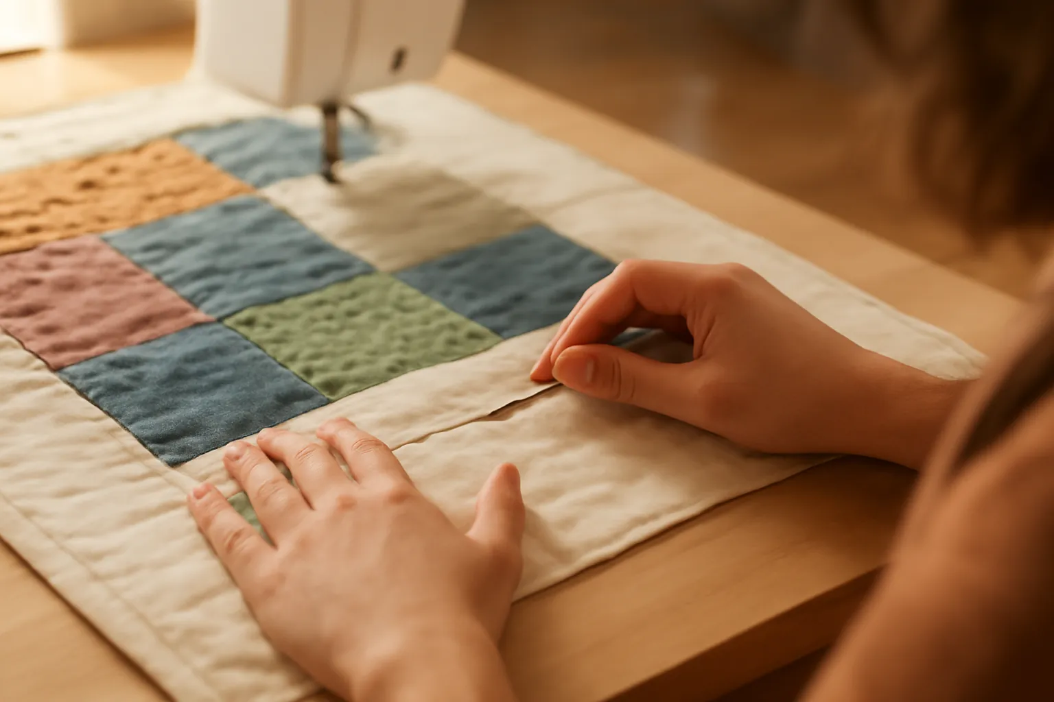 Hands smoothing a patchwork quilt flat across a broad, level table, a sewing machine soft in the background
