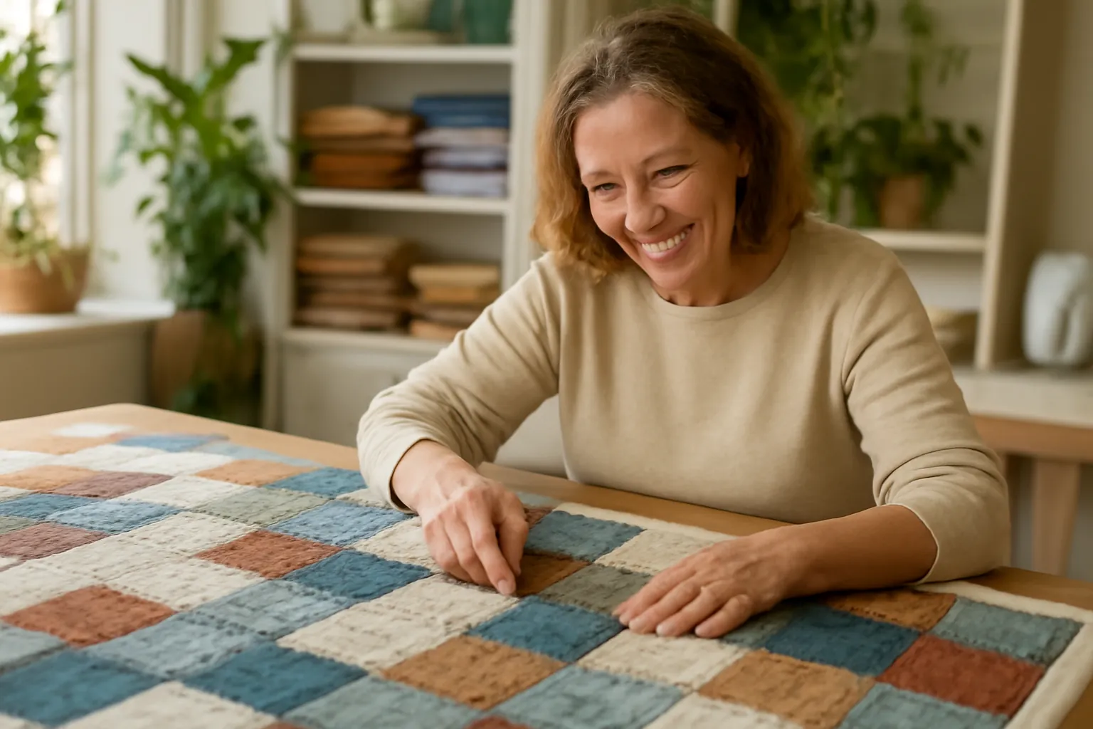 A smiling quilter smooths a finished patchwork quilt across a wide wooden table in a sunny room
