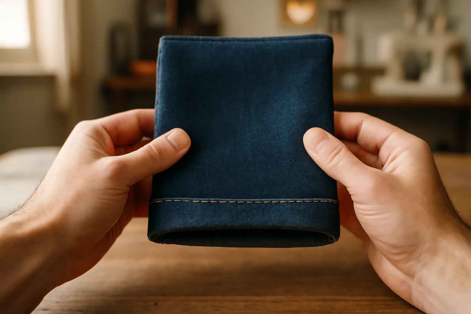 Hands holding up a dark denim pant leg with a neat, freshly stitched hem