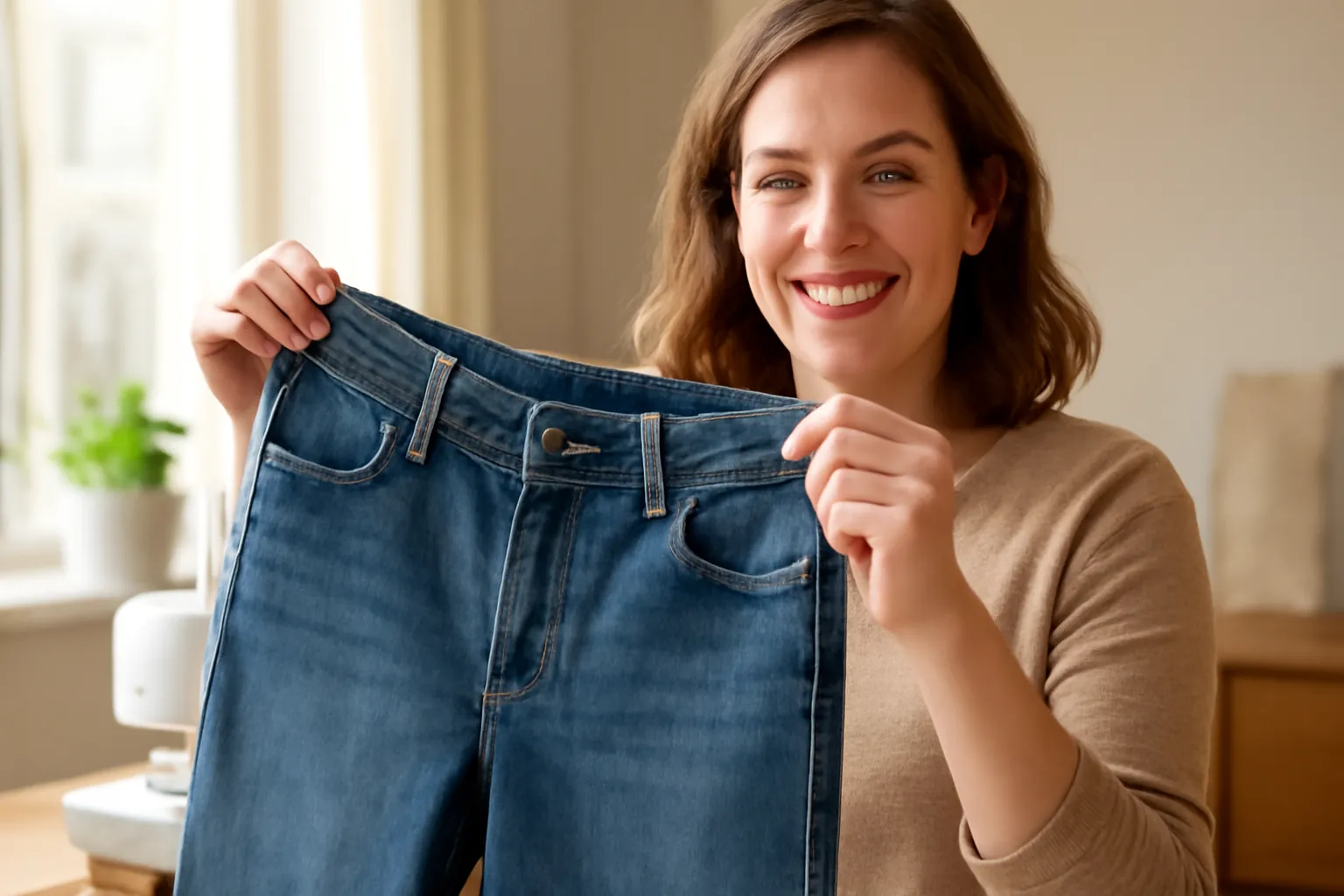 A woman holding up a pair of freshly hemmed jeans, smiling, with a sewing machine soft and out of focus behind her