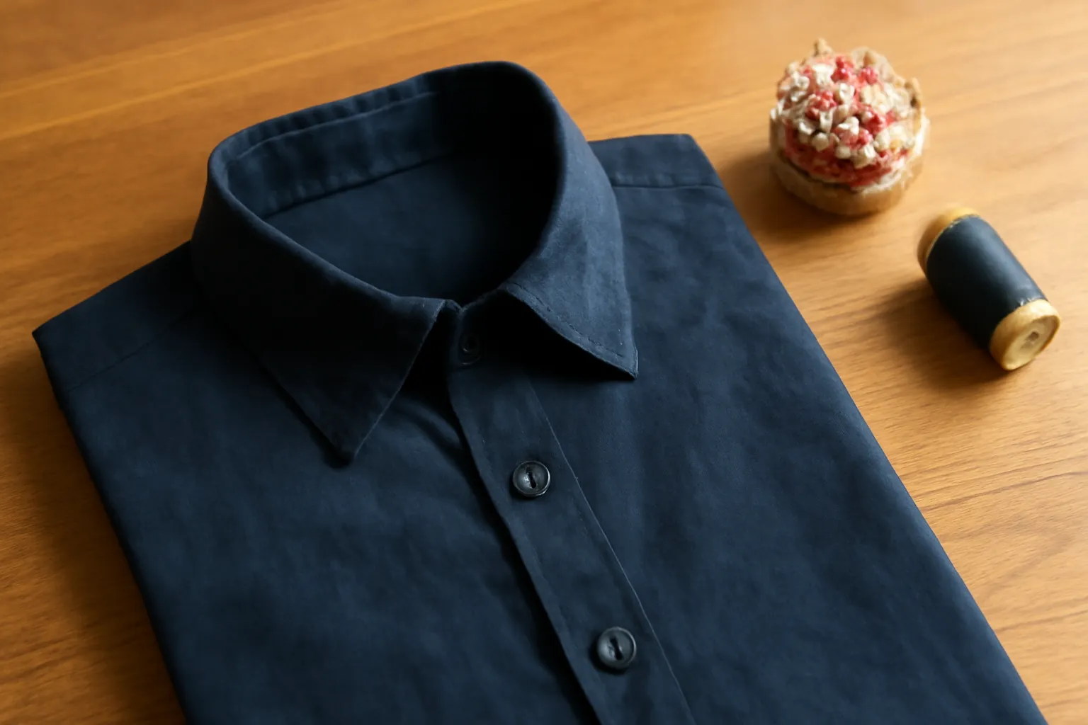A finished navy cotton shirt with a crisp collar laid flat on a wooden table beside a spool of thread