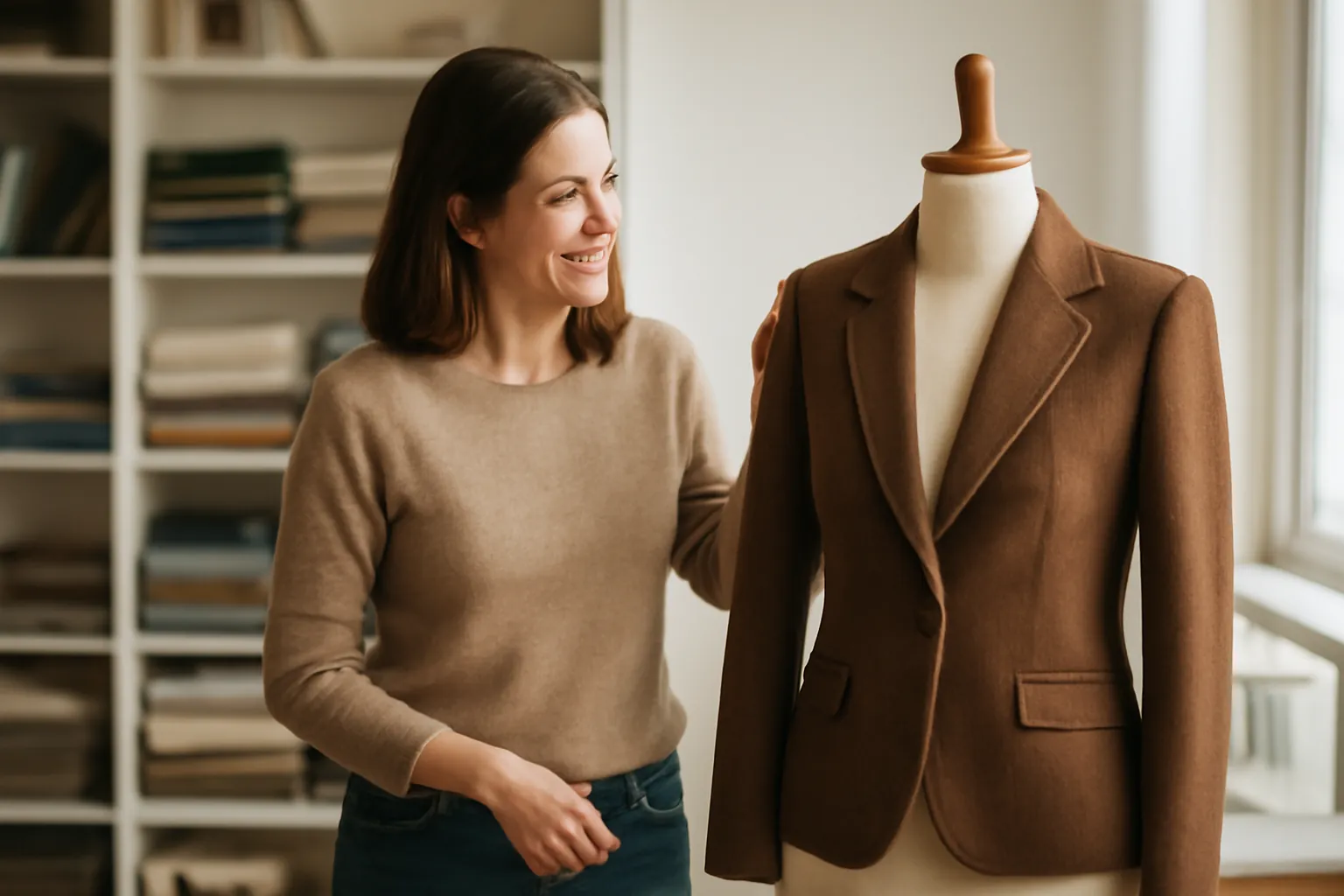 A smiling woman in a bright sewing room stands beside a dress form wearing a brown wool jacket she finished