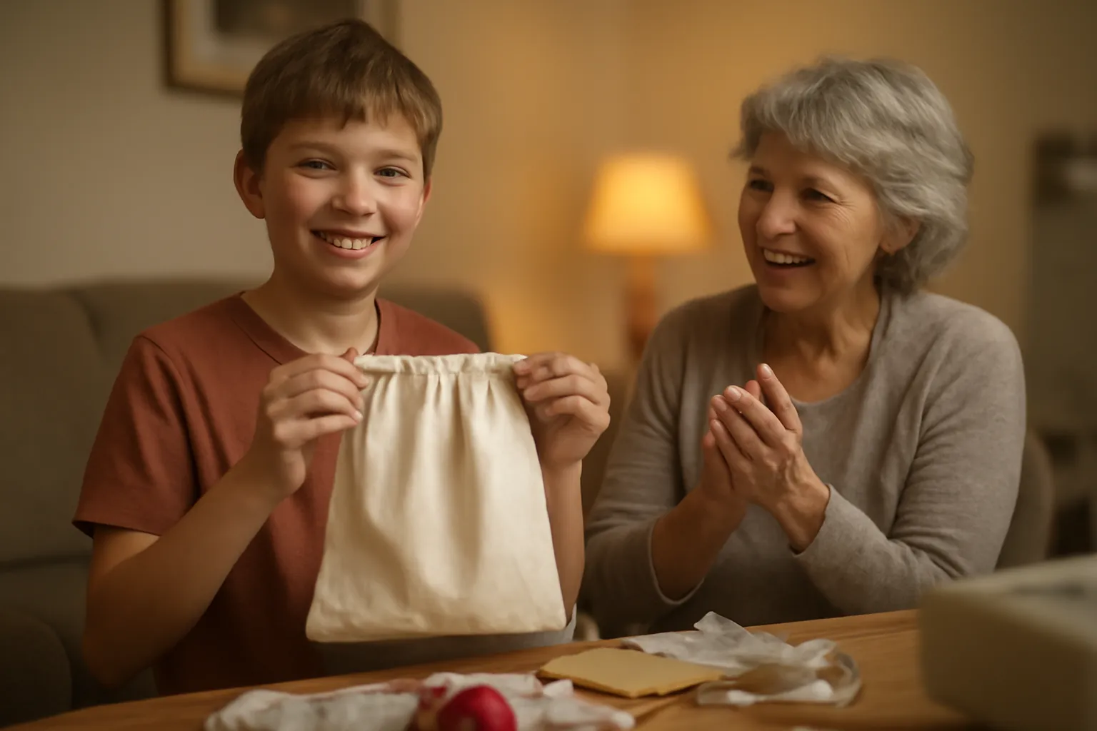 A boy of about twelve holds up a cream drawstring bag he sewed while his grandmother claps beside him
