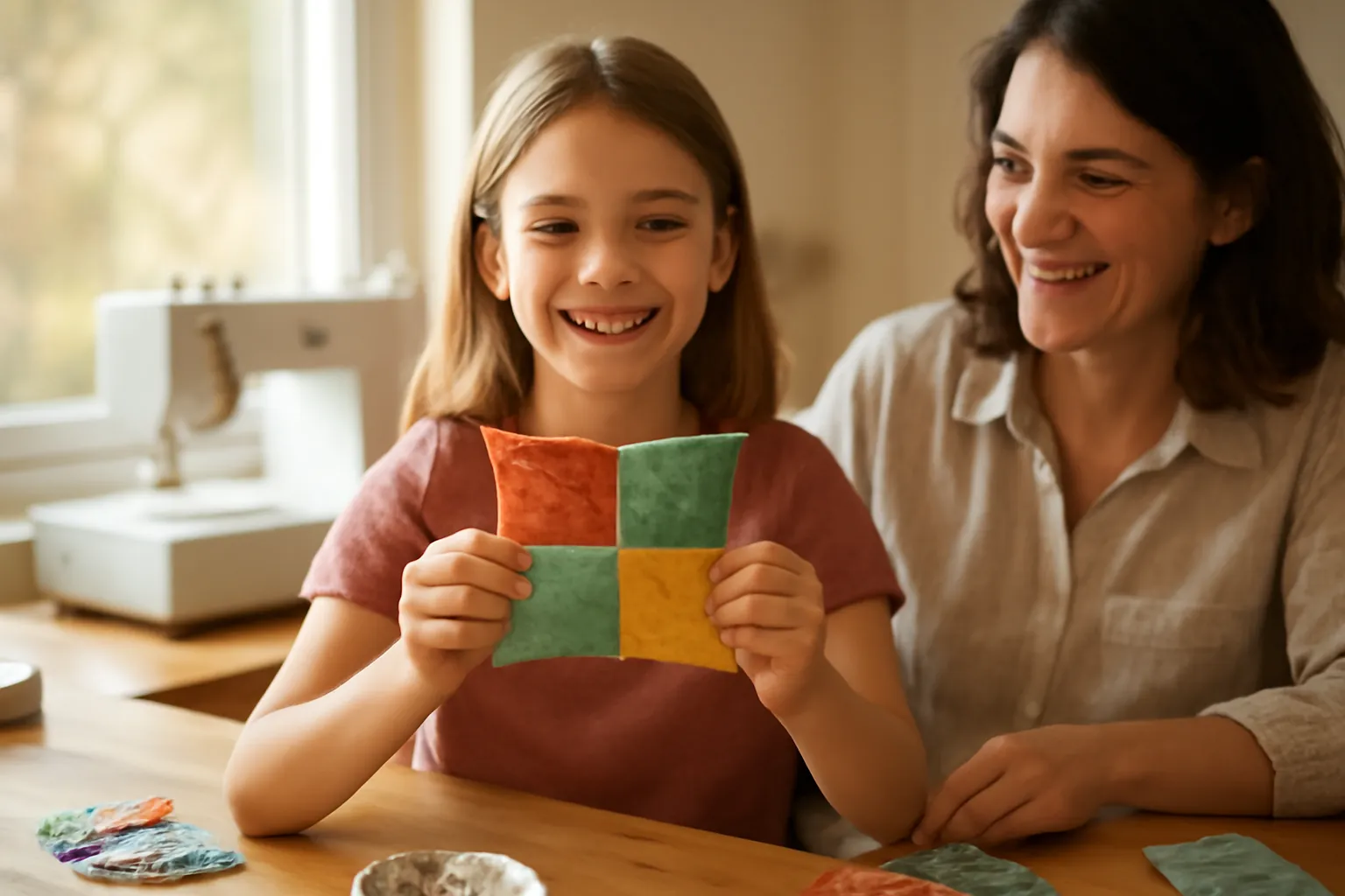 A smiling girl of about ten holds up a small four-patch square she sewed, with her mother laughing beside her at a sunny table