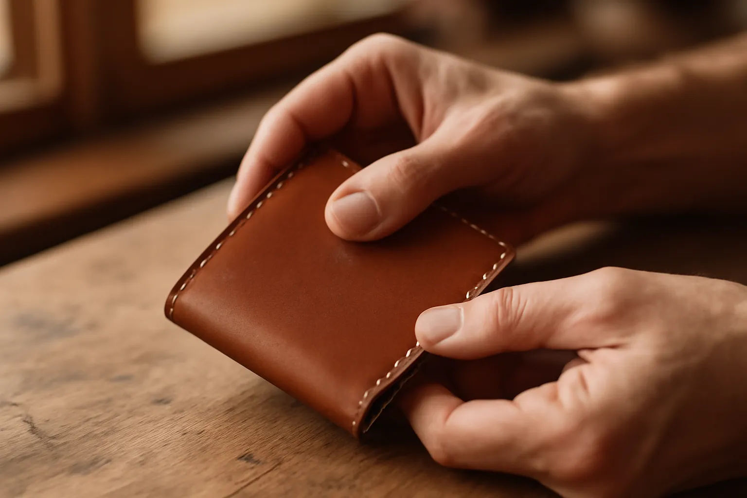 Hands holding a finished brown leather wallet with neat light stitching along its edges