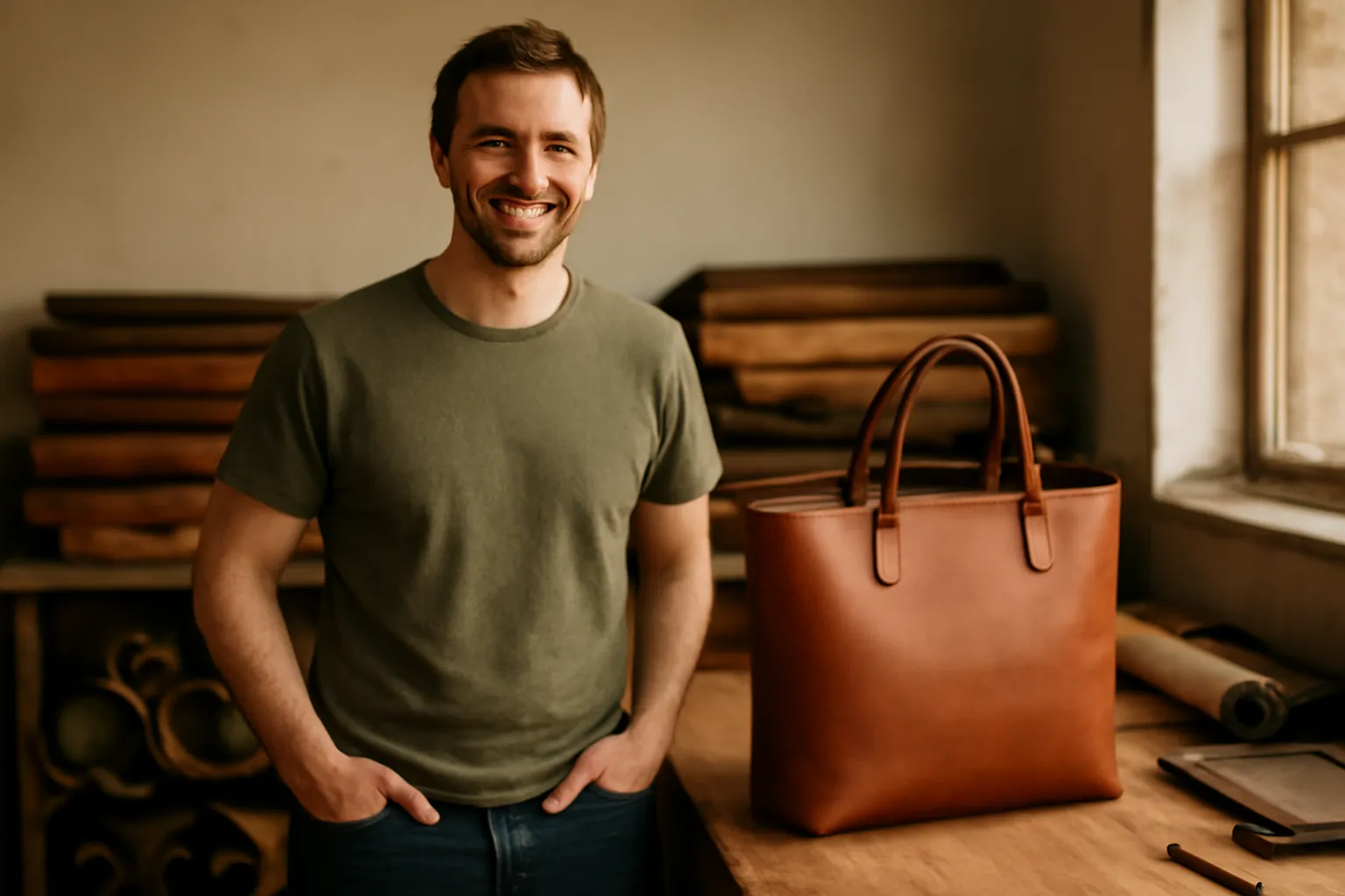 A smiling man in a sunlit workshop standing next to a handmade brown leather tote bag on the workbench