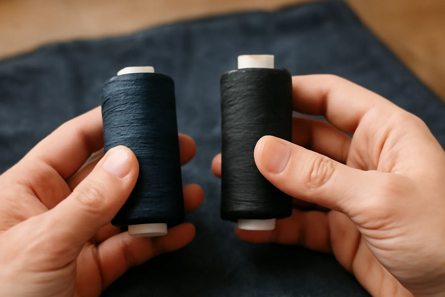 Navy and black thread spools held against dark fabric under bright daylight-white light