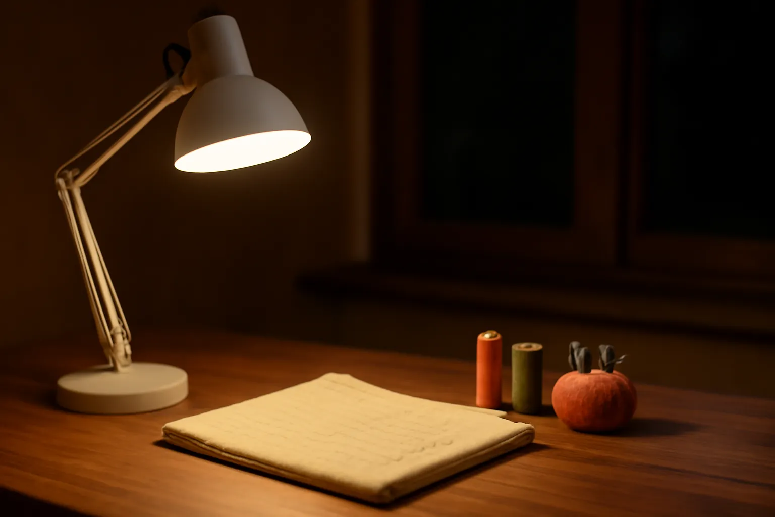 A desk lamp lighting a folded piece of hand-stitched fabric, two thread spools and a pincushion on a wooden table in the evening
