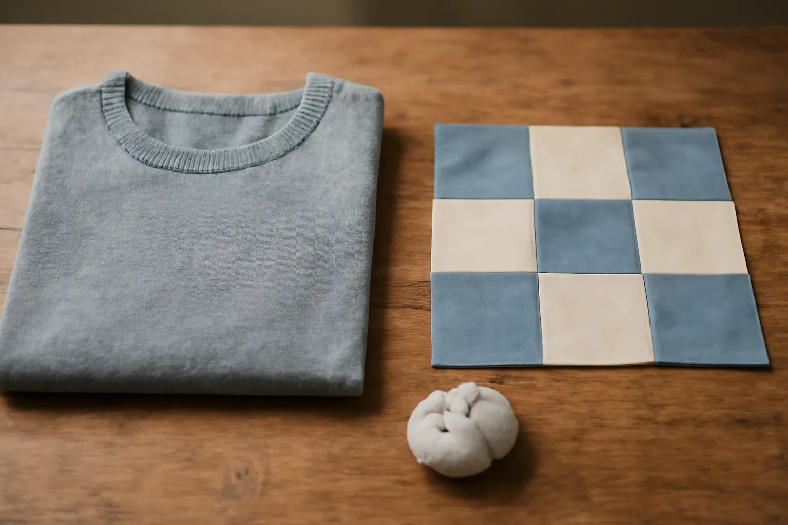 A folded gray knit T-shirt next to a blue and cream patchwork block on a wooden table