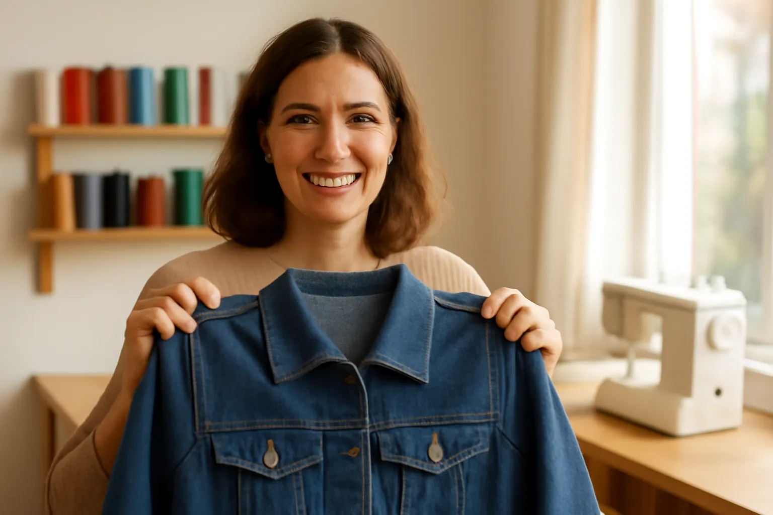 A smiling woman holds up a finished denim jacket with gold topstitching in a bright sewing room