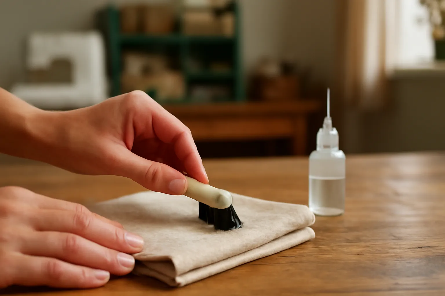 Hands brushing lint from cloth next to a small needle-tip oil bottle