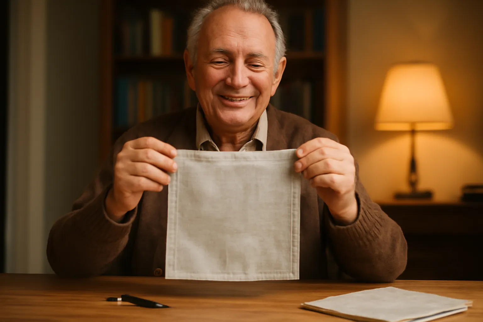 An older man smiling as he holds up a neatly hemmed linen napkin at his sewing table