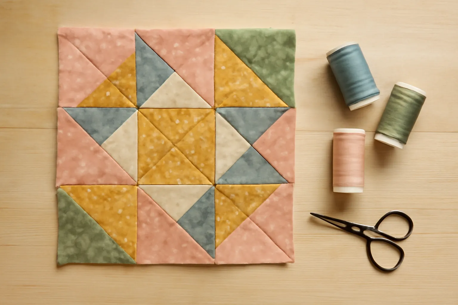 A finished patchwork quilt block of pink, yellow, blue and green triangles on a wooden table beside three spools of thread and small scissors