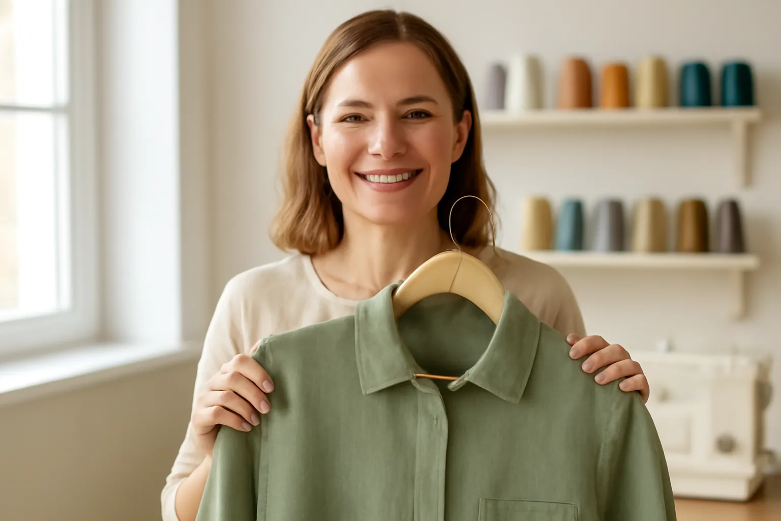 A smiling woman holding up a finished sage green shirt on a wooden hanger, spools of thread on shelves behind her