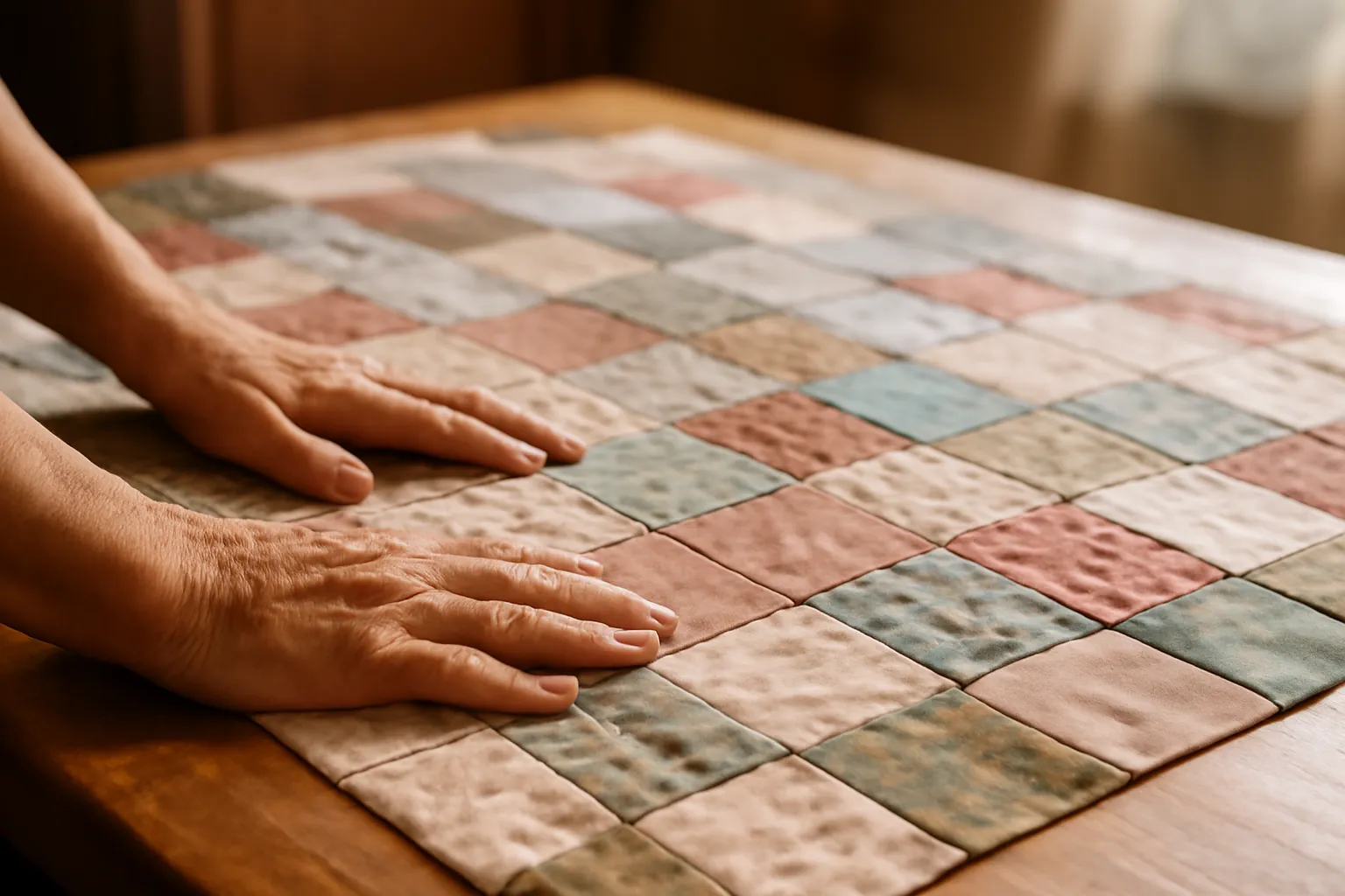 Hands smoothing a pastel patchwork quilt across a wide wooden table