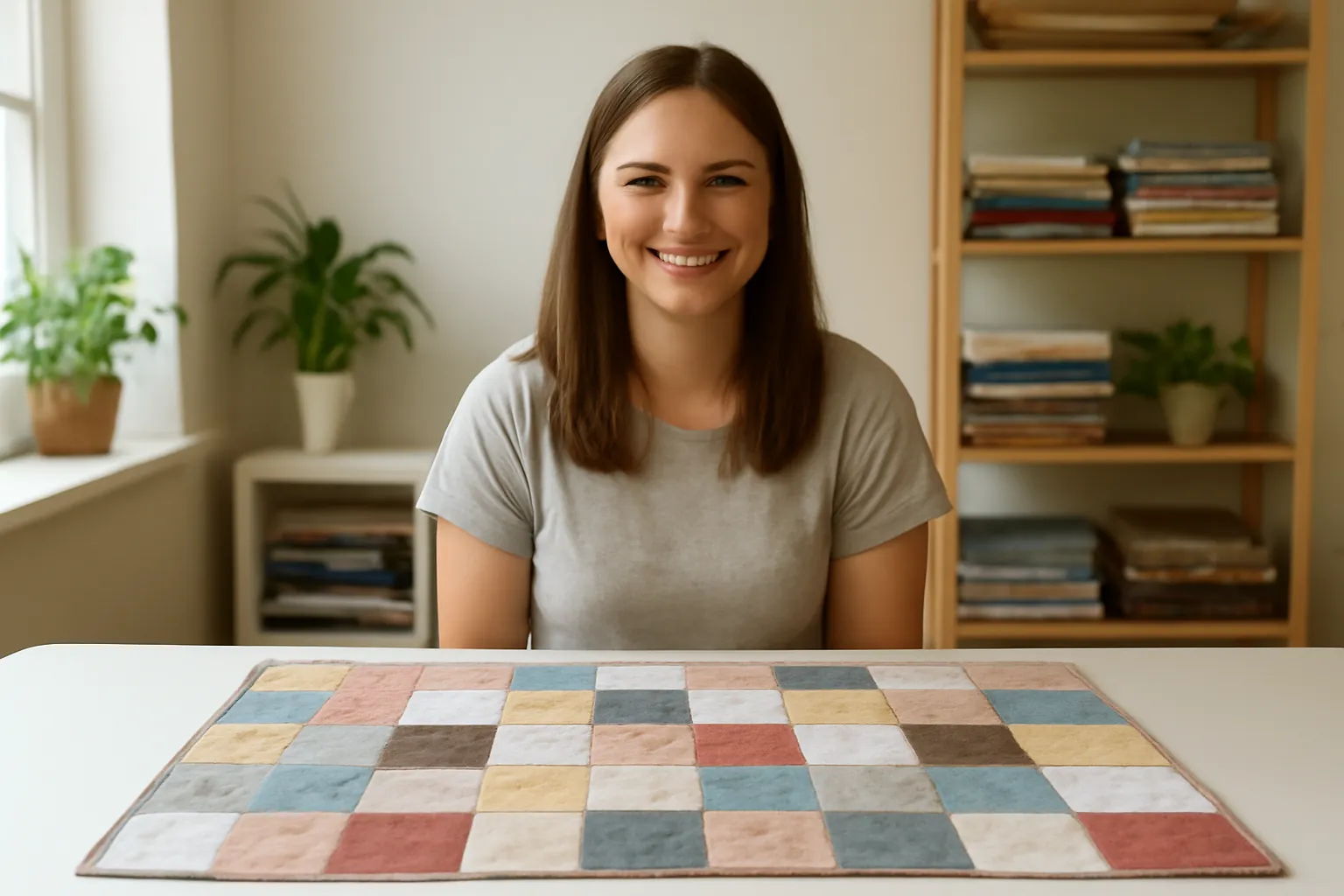 A smiling woman sitting upright at a wide white table with a patchwork quilt top spread across it in a bright room