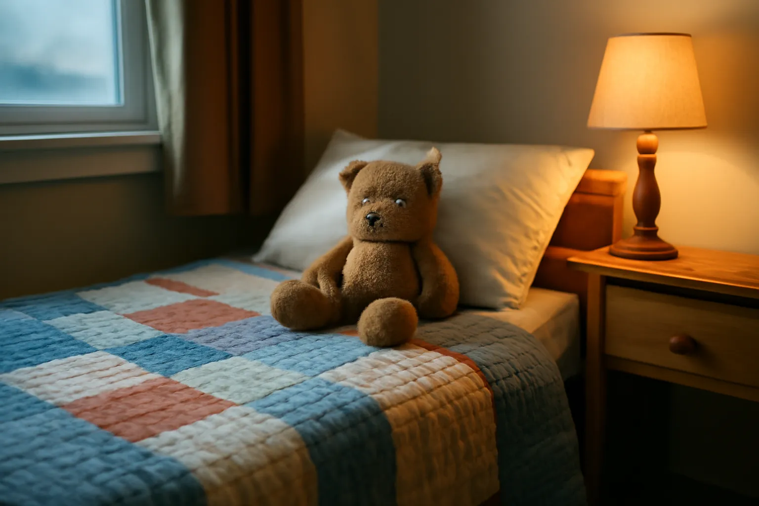 A handmade patchwork quilt spread over a child's bed, with a teddy bear on the pillow and a lamp glowing beside it